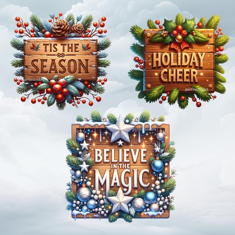 Christmas Signs Clipart Bundle, 14 Christmas Themed Festive Wooden ...