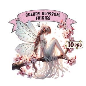 Cherry Blossom Fairies Clipart Bundle - 10 schöne Feen, Frühlings Fantasy PNGs, Sakura Blumen, transparenter Hintergrund, kommerzielle Nutzung.