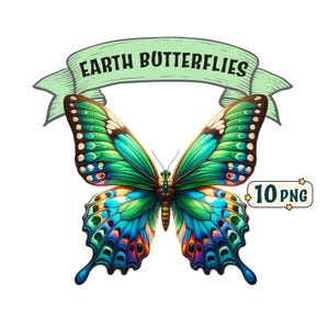 Paquete de imágenes prediseñadas de Earth Butterflies, 10 hermosas imágenes PNG de mariposas con temas de naturaleza con fondo transparente, uso comercial incluido.