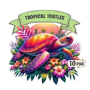 May include: A vibrant illustration of a sea turtle with a colorful shell, surrounded by tropical flowers and foliage. The turtle is depicted in shades of pink, orange, and purple. The image includes the text "TROPICAL TURTLES" on a banner and "10 PNG".