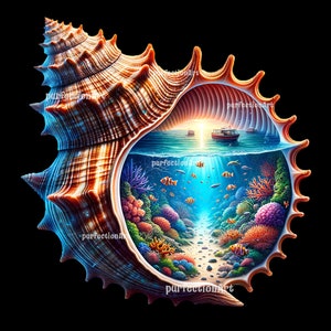May include: A seashell with a vibrant coral reef scene inside. The shell is brown and orange with a textured surface. The reef is filled with colorful coral, fish, and a small boat in the distance.