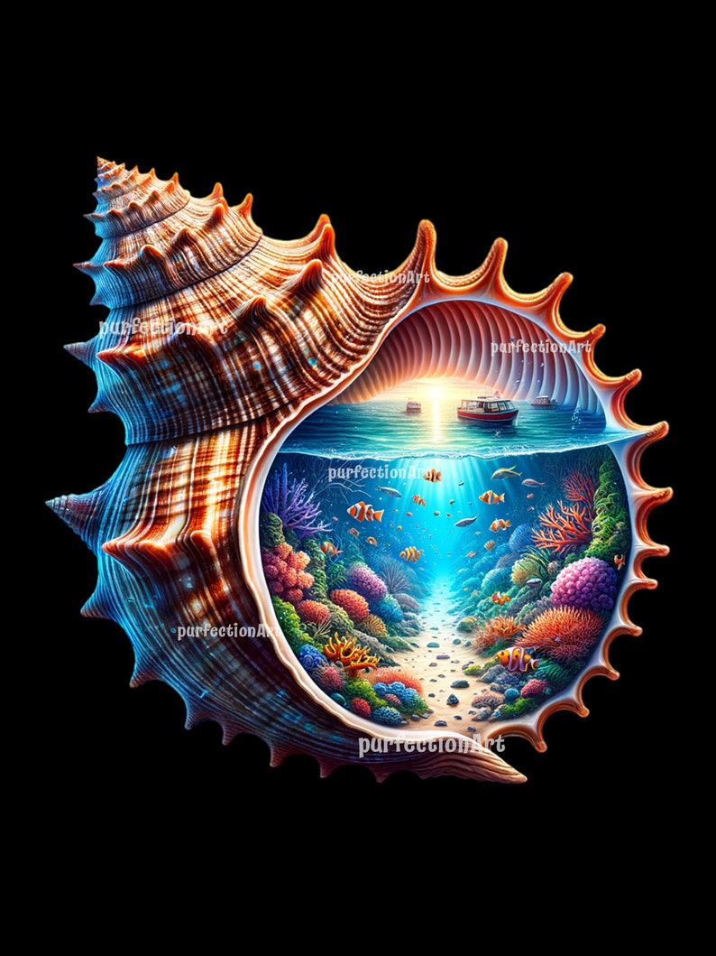 May include: A seashell with a vibrant coral reef scene inside. The shell is brown and orange with a textured surface. The reef is filled with colorful coral, fish, and a small boat in the distance.