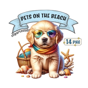 Paquete de imágenes prediseñadas de mascotas en la playa, 14 lindas imágenes PNG con temas de playa de perros y gatos con fondo transparente, uso comercial incluido.