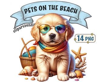 Pets on the Beach Clipart Bundle, 14 cute cats and dogs beach themed  PNG images with transparent background, commercial use included.