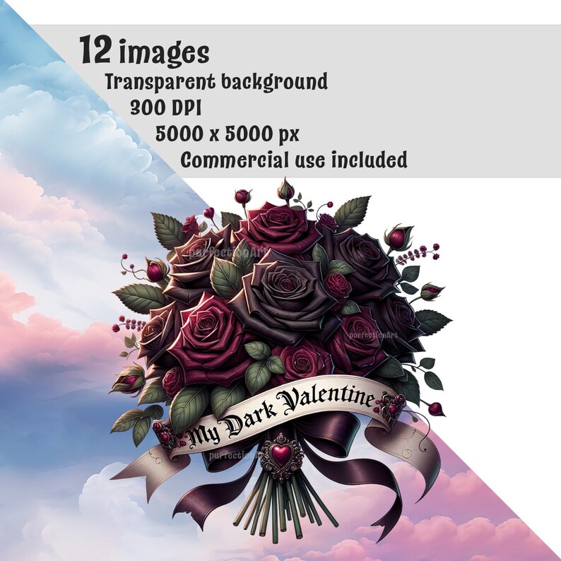 Gothic bouquets clipart bundle - 12 Gothic floral PNGs, Valentine's Day dark-gothic flower bouquets, transparent background, commercial use image 2