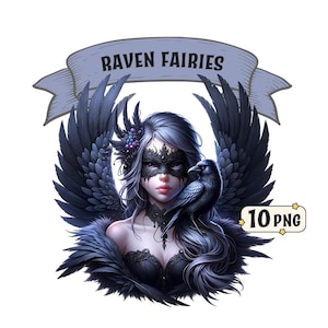 Raven Fairies-clipartbundel, 10 betoverende prachtige feeën met donkere en raafthema, png-afbeeldingen met transparante achtergrond, commercieel gebruik.