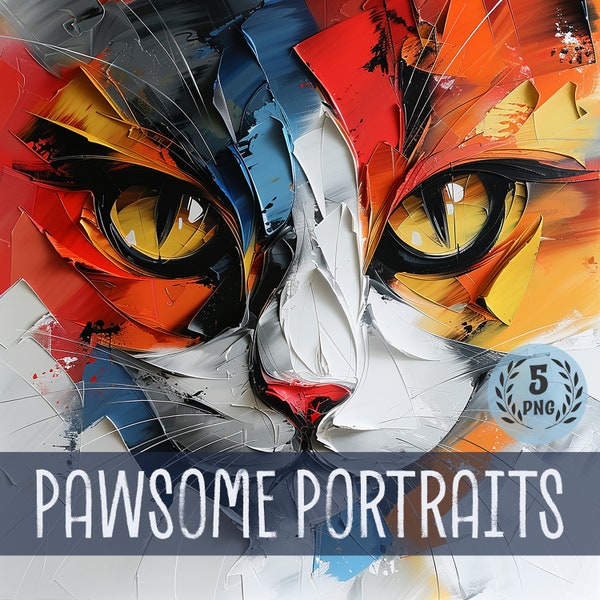 Pawsome Cat Portraits, 5 abstract images, cat png, oil painting, cat graphic, kitty images, commercial use