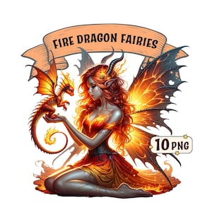 Puede incluir: Ilustración digital de un hada de fuego con cabello rojo ardiente, cuernos y alas, sosteniendo un pequeño dragón. El hada lleva un vestido rojo y naranja. La imagen contiene el texto "FIRE DRAGON FAIRIES" y "10 PNG".
