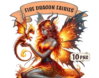 Fire Dragon Fairies clipart bundle – 10 Fire themed fairies with dragons, transparent PNGs, commercial use, fantasy sublimation graphic