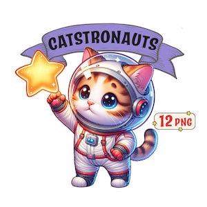 Catstronauts Clipart Bundle: 12 immagini PNG stravaganti di adorabili gattini astronauti con sfondi trasparenti, uso commerciale incluso.