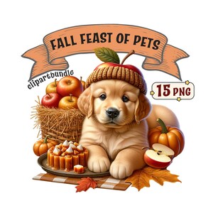Paquete de imágenes prediseñadas de Fall Feast of Pets, 15 comidas y bebidas temáticas de otoño con lindas mascotas, imágenes PNG con fondo transparente, uso comercial.