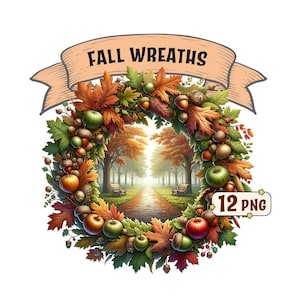 Pacchetto clipart Corone autunnali, 12 bellissime e accoglienti ghirlande a tema autunnale immagini PNG con sfondo trasparente, uso commerciale incluso.