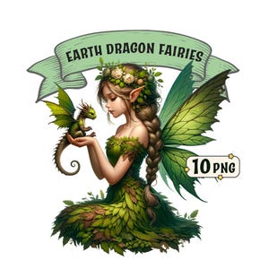 Lot de cliparts de fées dragon de terre – 10 fées sur le thème de la nature avec des dragons, PNG transparents, usage commercial, graphique fantastique en sublimation
