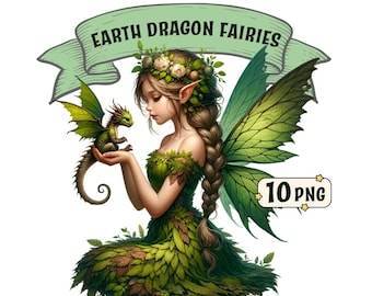 Earth Dragon Fairies clipart bundle – 10 nature themed fairies with dragons, transparent PNGs, commercial use, fantasy sublimation graphic