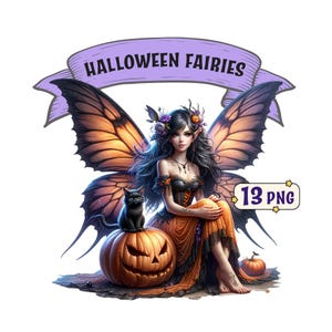 Bundle de cliparts de fées d'Halloween, 13 belles fées sur le thème d'Halloween, images PNG avec fond transparent, usage commercial inclus.
