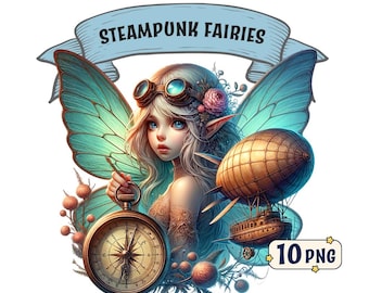 Steampunk Fairies clipart bundle, 10 beautiful steampunk themed fairies, PNG images with transparent background, commercial use.