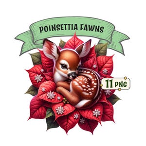 Pacchetto clipart di cerbiatti di Stelle di Natale, 11 bellissimi cerbiatti adagiati su stelle di Natale, immagini PNG con sfondo trasparente, incluso l'uso commerciale.