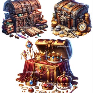 May include: Three ornate wooden treasure chests with gold accents. The first chest is open and filled with books and scrolls. The second chest is closed and has a combination lock. The third chest is open and filled with gold crowns and jewels.