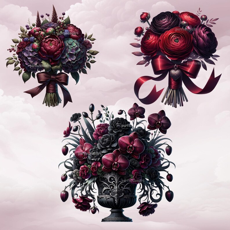 Gothic bouquets clipart bundle - 12 Gothic floral PNGs, Valentine's Day dark-gothic flower bouquets, transparent background, commercial use image 5
