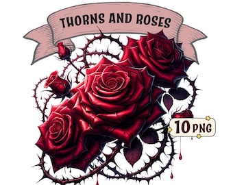 Thorns and Roses Clipart Bundle – 10 gothic rose illustrations with thorns, transparent PNGs, commercial use, Halloween sublimation designs