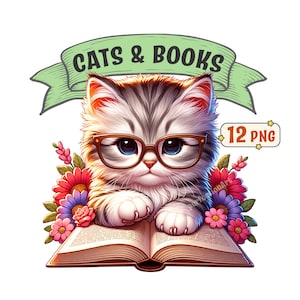 Paquete de imágenes prediseñadas de gatos y libros: 12 adorables imágenes PNG de gatos leyendo y durmiendo en libros, fondos transparentes, uso comercial incluido.