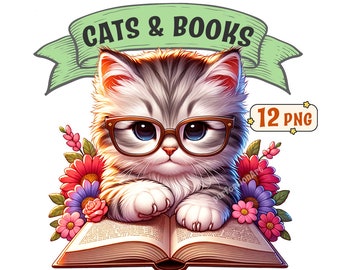 Cats & Books Clipart Bundle: 12 adorable PNG images of cats reading and sleeping on books, transparent backgrounds, commercial use included.