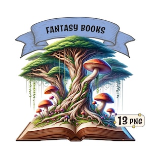 Pacote de clipart de livros de fantasia – 13 ilustrações de livros de fantasia, PNGs transparentes, uso comercial, designs de sublimação com tema de livros