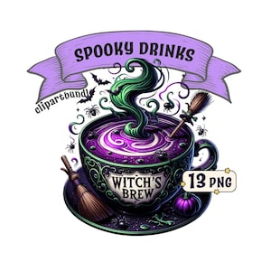 Paquete de imágenes prediseñadas de bebidas espeluznantes, 13 bebidas otoñales con temática de Halloween espeluznantes y lindas, imágenes PNG con fondo transparente, uso comercial.