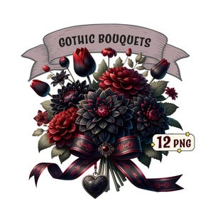 Gothic bouquets clipart bundle - 12 Gothic floral PNGs, Valentine&#39;s Day dark-gothic flower bouquets, transparent background, commercial use