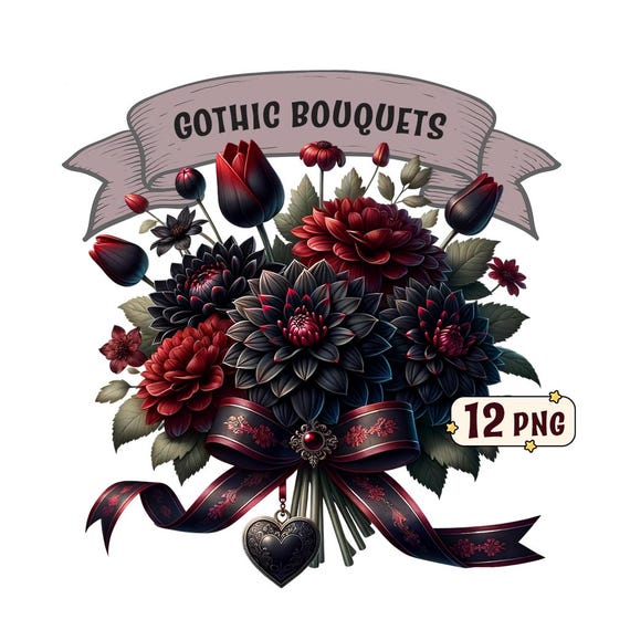 Gothic bouquets clipart bundle - 12 Gothic floral PNGs, Valentine's Day dark-gothic flower bouquets, transparent background, commercial use