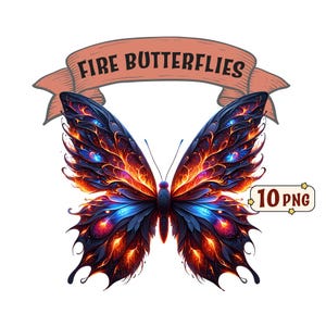 Paquete de imágenes prediseñadas de Fire Butterflies, 10 hermosas imágenes PNG de mariposas con temática de fuego con fondo transparente, uso comercial incluido.