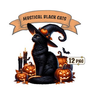 Paquete de imágenes prediseñadas de gatos negros místicos, 12 majestuosos gatos negros con temática de Halloween y otoño, imágenes PNG con fondo transparente, uso comercial