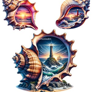 May include: Three seashells with different scenes inside. The first shell shows a sunset over the ocean with a sailboat. The second shell shows a lighthouse on a rocky shore with a sailboat in the distance. The third shell shows a lighthouse on a rocky shore with waves crashing against the rocks.