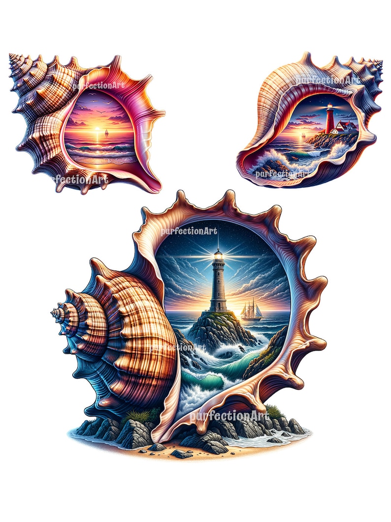 May include: Three seashells with different scenes inside. The first shell shows a sunset over the ocean with a sailboat. The second shell shows a lighthouse on a rocky shore with a sailboat in the distance. The third shell shows a lighthouse on a rocky shore with waves crashing against the rocks.