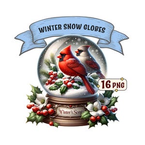 May include: A snow globe with a winter scene featuring two red cardinals perched on a branch with red berries and green leaves. The base of the snow globe is decorated with a holly wreath and the words "Winter's Song".
