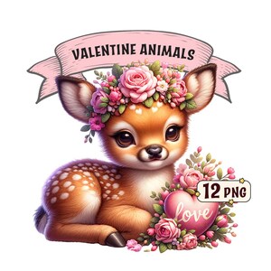 Paquete de imágenes prediseñadas de animales de San Valentín: 12 adorables animales bebés con temática del Día de San Valentín, imágenes PNG con fondo transparente, uso comercial.