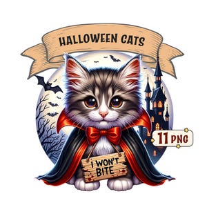 Paquete de imágenes prediseñadas de Halloween Cats, 11 lindas imágenes PNG de gatitos con temática de Halloween con fondo transparente, uso comercial incluido.