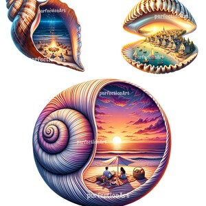 May include: Three seashells with different scenes inside. The first shell is brown and has a campfire scene with people gathered around it. The second shell is white and has a small town by the water. The third shell is purple and has a couple having a picnic on a beach at sunset.