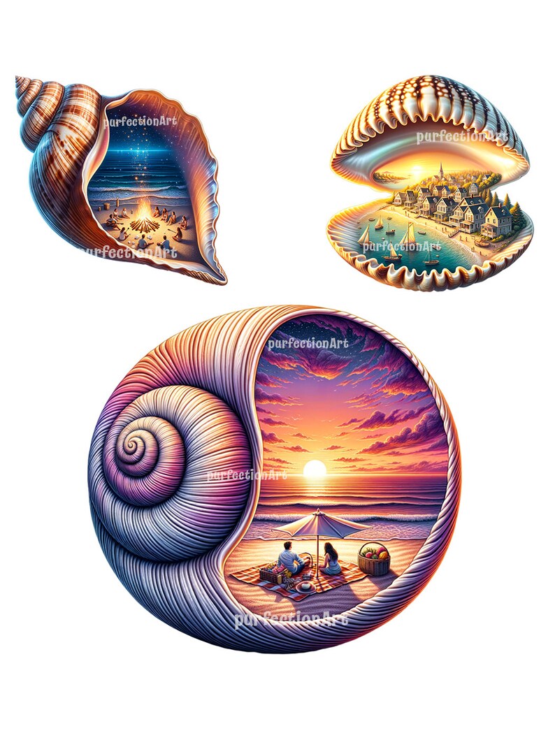 May include: Three seashells with different scenes inside. The first shell is brown and has a campfire scene with people gathered around it. The second shell is white and has a small town by the water. The third shell is purple and has a couple having a picnic on a beach at sunset.