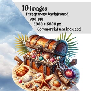May include: A wooden treasure chest overflowing with pearls, seashells, and other jewels, sitting on a bed of sand with a starfish and palm leaves. The chest is surrounded by clouds.