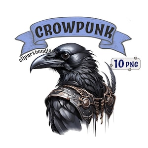 Paquete de imágenes prediseñadas de cuervos steampunk, 10 imágenes PNG de cuervos con temática steampunk con fondo transparente, uso comercial incluido