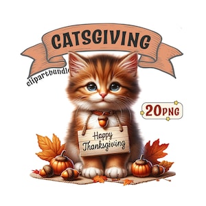Pacote de clipart de ação de graças: 20 lindas imagens PNG de gato com tema de Ação de Graças com fundo transparente, uso comercial incluído.