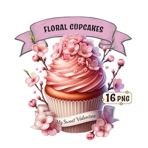 Paquete de imágenes prediseñadas de cupcakes florales, 16 cupcakes de San Valentín con varias flores, imágenes PNG, fondo transparente, uso comercial.