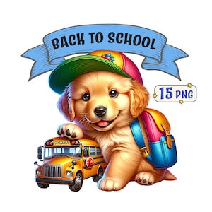 Back to School Clipart Bundle, 15 süße Kätzchen und Welpe PNG Bilder mit transparentem Hintergrund zum Thema Schule, kommerzielle Nutzung inbegriffen.