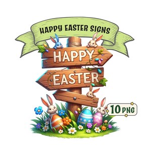 Happy Easter Signs – 10 Cute designs with Easter elements, PNG images, Transparent background, Perfect for crafts and cards,  Commercial use