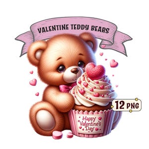 Paquete de imágenes prediseñadas de ositos de peluche de San Valentín, 12 lindos ositos de peluche con temática del Día de San Valentín, imágenes PNG, fondo transparente, uso comercial.