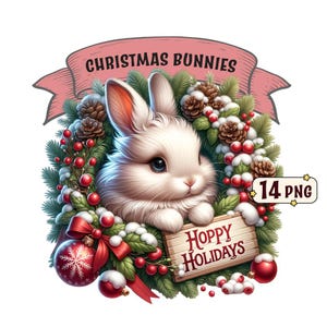 Paquete de imágenes prediseñadas de conejitos navideños, 14 adorables conejitos bebés con temática navideña festiva, imágenes PNG, fondo transparente, uso comercial.