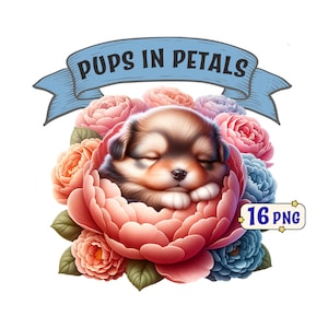 Paquete de imágenes prediseñadas de Cachorros en Pétalos: 16 lindos cachorros durmiendo en flores imágenes PNG con fondo transparente, uso comercial incluido.