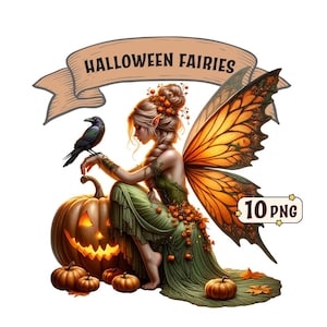 Paquete de imágenes prediseñadas de hadas de Halloween: 10 ilustraciones de hadas con temática de Halloween con gatos, cuervos y calabazas, PNG transparentes, uso comercial.