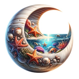 May include: A crescent moon-shaped wooden frame with a beach scene inside. The scene includes starfish, seashells, coral, and a crab on a sandy beach with blue water.
